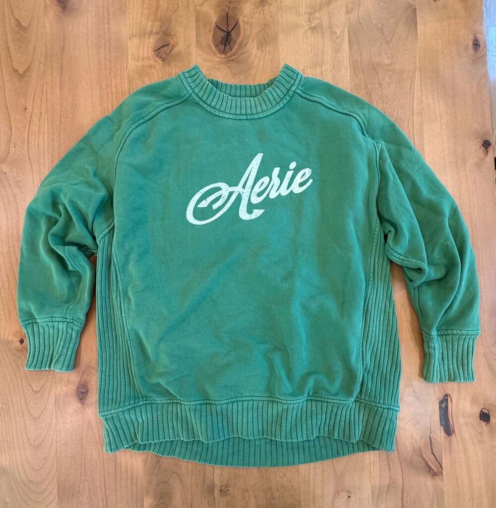 Aerie Green Oversized Script Logo Sweatshirt Ribbed Sides XS+